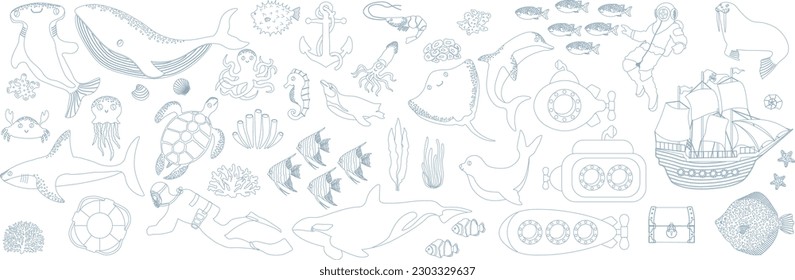 Mega conjunto de vectores oceánicos con ballena, tortuga, submarino, tiburón, cangrejo, pulpo, buzo, pingüino, calamar, delfín, morsa, barco.Animales submarinos.Ilustración para tela, ropa infantil, libro, postal, papel envolvente.