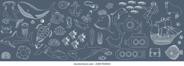 Mega conjunto de vectores oceánicos con ballena, tortuga, submarino, tiburón, cangrejo, pulpo, buzo, pingüino, calamar, delfín, morsa, barco.Animales submarinos.Ilustración para tela, ropa infantil, libro, postal, papel envolvente.