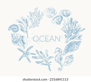 Vector ocean nature background with sketches of seashells, seaweed, corals, seahorse, starfish. Wild life ocean round frame, organic beauty product design.