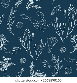 Vector ocean seamless pattern of linear coral reef, fish and animals. Underwater plant illustration isolated on blue background. For design, prints, fabric or background.