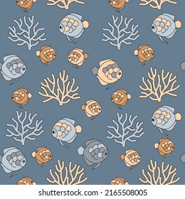 vector ocean seashells decorative molluslk sea vacation seaweeds seamless repeating pattern vintage aquatic element