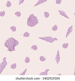 Vector ocean shell seamless pattern. Cute flat velvet seashells in random composition isolated on pink background. Concept of under water sea. Design for textile, wrapping, print, fabric.