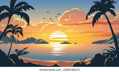 Vector ocean sunset scenery. Colorful tropical beach landscape