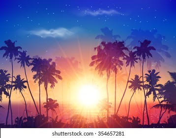 Vector ocean sunset sky with dark palm silhouettes