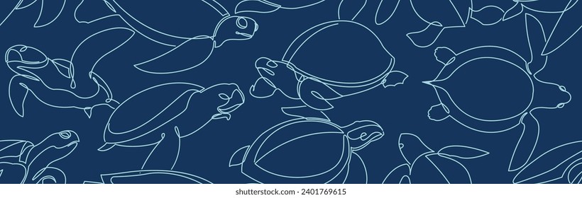 Vector ocean turtles line art wallpaper background. minimalist linear contour simple style. Design for fabric, print, cover, banner, decoration.