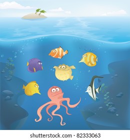 Vector ocean underwater illustration. Set of tropical fish and octopus in the sea with island with sand beach and palm trees  and sky with clouds in the background