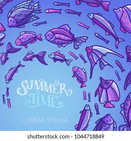 Vector ocean underwater life background. Various fish swim in a circle on blue background. There is copy space for your text.