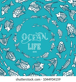 Vector ocean underwater life background. Various fish swim in a circle on blue background. There is copy space for your text.