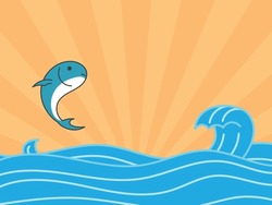 Vector Ocean Waves With Jumping Fish And Sunset Light.  Vector Design
