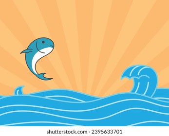 olas vectoriales oceánicas con peces saltantes y luz de puesta de sol.  diseño vectorial