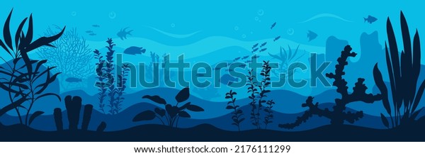 Vector ocean world. Deep seascape with seaweeds,\
fish and corals. Aquatic ecosystem. Blue background. Illustration\
of undersea bottom.
