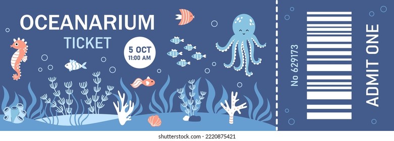 Vector Oceanarium ticket template design. Admit one ticket. Template of Aquarium ticket.