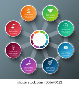 Vector octagon with circles for infographic. Template for cycle diagram, graph, presentation and round chart. Business concept with 8 options, parts, steps or processes. Data visualization.