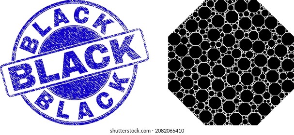 Vector Octagon Icon Composition Is Constructed From Repeating Recursive Octagon Icons. Black Scratched Blue Round Stamp Seal. Recursive Collage From Octagon Icon.