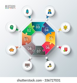Vector octagon for infographic. Template for cycle diagram, graph, presentation and round chart. Business concept with 8 options, parts, steps or processes. Abstract background.