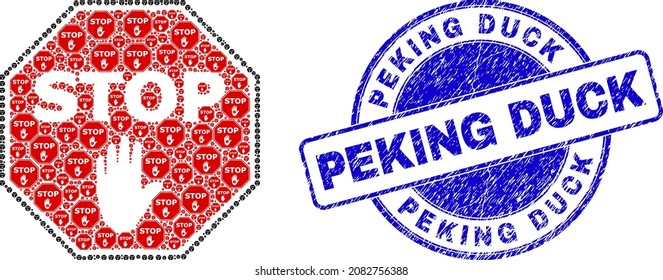 Vector octagon stop palm icon collage is composed from scattered recursive octagon stop palm elements. Peking Duck textured blue round stamp seal. Recursive combination from octagon stop palm icon.