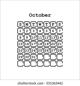 Vector October 2017 month calendar, black color. Week Starts on Sunday