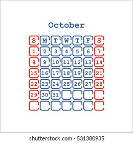 Vector October 2017 month calendar flat . Week Starts on Sunday