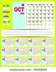 Vector October 2018 new year calendar in clean minimal table simple Holiday event planner,Week Starts Sunday
