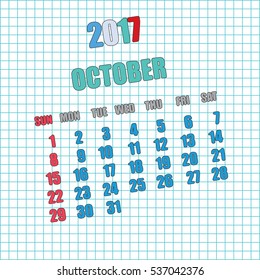 Vector October Calendar Icon with colorful ingredients on graph like background.