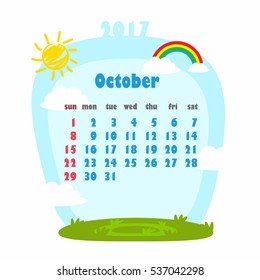 Vector October Calendar Icon with sky, rainbow, clouds and sun background.