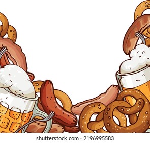 Vektor Oktober fest Umrahmung mit Glas Bier, Bretzel, Würste. Design für Karte, Poster, Illustration, Einladung.

