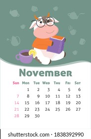 Vector October November 2021 calendar. Symbol of new year, cute bull or cow, reading a book. A4 format for print. Week starts from Sunday