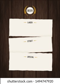 Vector Octoberfest background for beer table menu or flyer. Vintage rustic design with wooden backdrop and rough paper sheets.