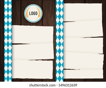 Vector Octoberfest background for beer table menu or flyer. Vintage rustic design with wooden backdrop and paper sheets.