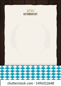 Vector Octoberfest background for beer table menu or flyer. Vintage rustic design with wooden backdrop and paper sheets.