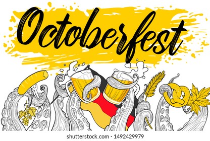 Vector Octoberfest banner with octopus tentacle holding beers mugs, wheat sprout, germany flag and sousage, bretzel in sketch cartoons style with text on grange paint splash background