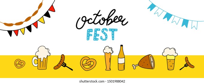 Vector Octoberfest banner and text calligraphy hand lettering and traditional symbols Munich beer festival  Easy to edit vector template for your logo design poster banner flyer brochure etc 