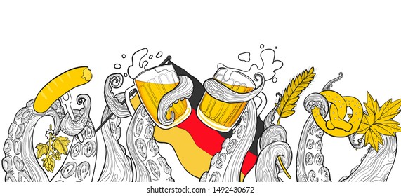 Vector Octoberfest illustration with octopus tentacle holding beers mugs, wheat sprout, germany flag and sousage, bretzel, maple leaf and hop in sketch cartoons style on white background