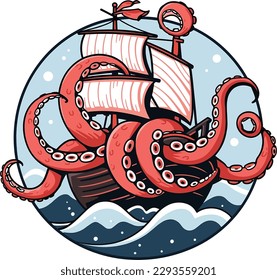 Vector octopus attacks ship crossing the sea illustration
