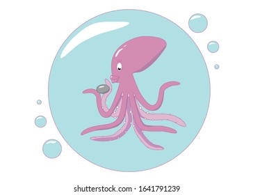 Vector octopus. Blue bubbles on the background. For menus, posters, packages, invitations, clothing, decor
