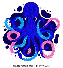 Vector octopus. Cute cartoon character. Colorful marine life. Underwater creatures. Design for the attributes of water park and aquarium. Print for clothes, cards, covers, posters. Sticker, label