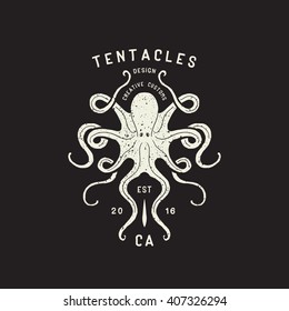 Vector Octopus hand drawn illustration and lettering graphics for label, t-shirt, poster, card design. Texture and Lettering can be turned off.