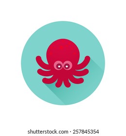 Vector octopus icon. Red octopus on bluish-green background. Trendy flat design style with long shadow. Vector element for web design and infographics . For web and print design