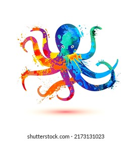 Vector octopus icon. Watercolor splash paint symbol.