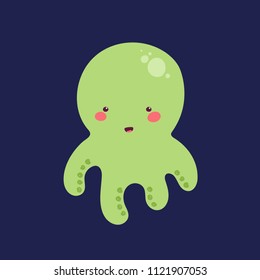 Vector octopus, illustration with funny nautical character for children on dark background. Colorful logotype for baby center, kindergarden, children shop. Cute mascot squid in flat baby style.