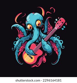 Vector octopus playing guitar instruments illustration hand draw