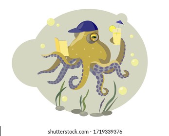 vector octopus relaxing, reading a book, having drinks in circle shape