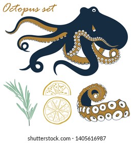 Vector octopus seafood set. Hand drawn octopus, tentacle, lemon and rosemary illustration.