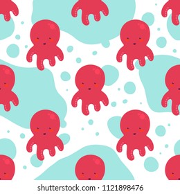 Vector octopus seamless pattern, illustration with funny nautical character for children. Colorful design for baby textile print, wallpapers, backgrounds. Cute mascot squid in flat cartoon style.