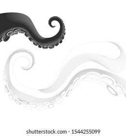 Vector octopus tentacle in black and white color with the drawing line art in background