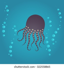 Vector octopus in water of sea or ocean