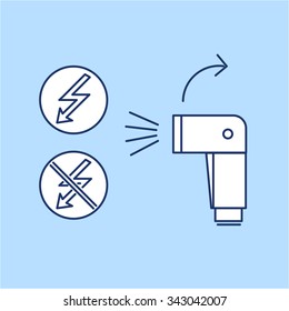vector off camera speedlite flash linear icon and infographic | illustrations of gear and equipment for professional photographers and amateurs isolated on blue background