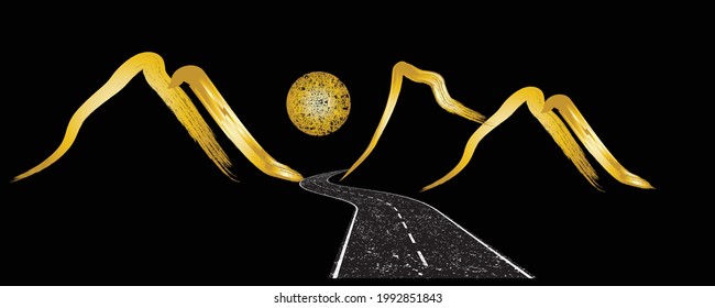 Vector de la carretera de montaña por la noche. Silueta de arcos dorados. Grunge textura. 