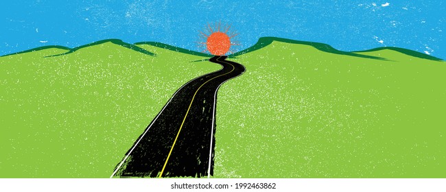 Vector off highland road . Textured  peaks silhouette . Grunge texture. 