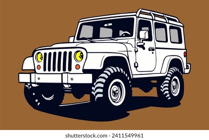 vector off road 4x4 car drawing, black and white, vintage style, vector car for t-shirt design, Off road car illustration